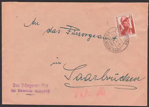Köllerbach über Völlingen (Saar) Fernbrief innerhalb der Saar, Bürgermeisterbrief Mi. 246 an Fürsorgeamt Saarbrücken