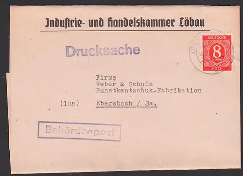 Löbau Behördenpost 8 Pf. Ziffern, schwere Drucksache IHK Streifbandsendung 1947