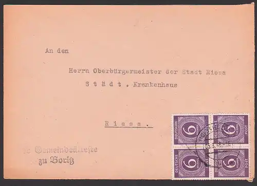 BORITZ Amt Meissen Gemeindestempel 6 Pf.(4) Ziffern, Fernbrief an OB Riesa 5.3.46, Gemeindeälteste