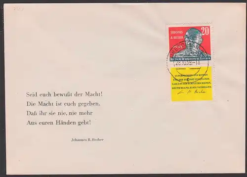 Johannes R. Becher 20 Pf. mit Nebenfeld. Schmuckbrief "Seid euch bewußt der Macht! Die Macht ist euch gegeben ..."