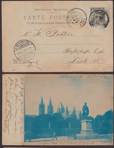 CAEN carte postale 1900 Rep. Francaise mit Zidruck signiert Kehling Kirche und Denkmal Ludwig XIV. Ganzsache