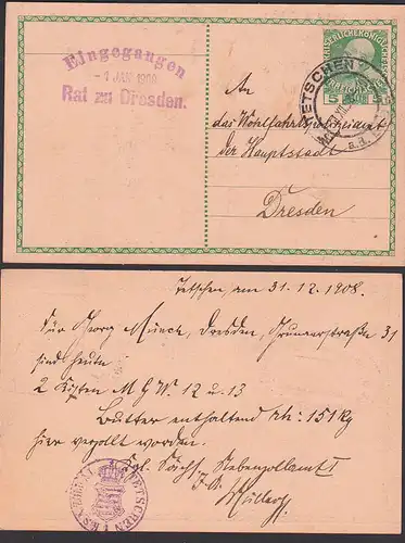 Tetschen a. d. Elbe 5 Heller GA an Wohlfahrtspolizeiamt Dresden, rs. Zollamt, Text über verzollte Butter 31.12.1908