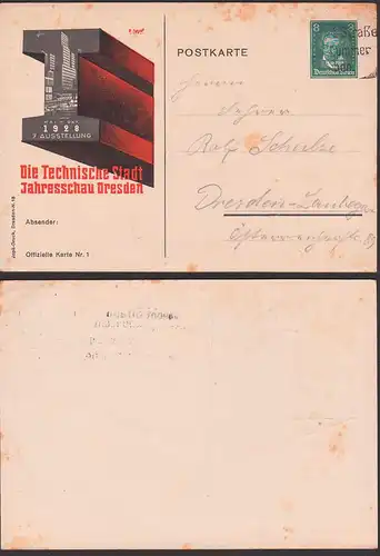 DRESDEN 1928 Ausstellung, 5 Pf. GA PP104 C7, "Die Technische Stadt Jahresschau Dresden", unsauber