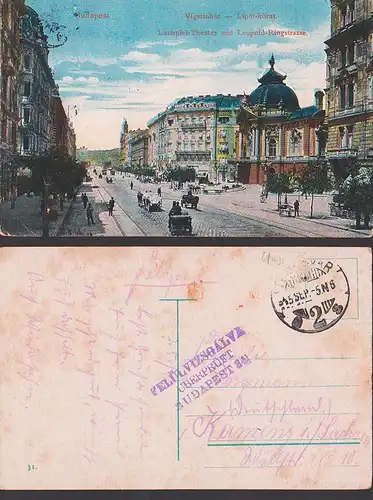 Budapest Lustspiel-Theater und Leopold-Ringstr. Ungarn, Feldpost überprüft nach Kamenz Sachsen