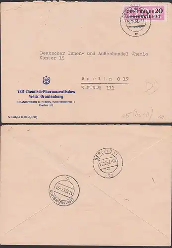 Ornienburg 20 Pfg. ZKD Nr. 15 (4010) Kreisaufdruck, ZKD-Brief, Chemisch-Pharmazeutisches Werk an Berlin O17 ZKD-Nr. 111