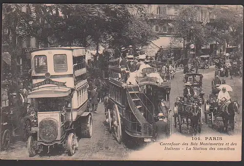 Correeur des Bds Montmartre et des Italiens la station des omnibus color carte Droschken Kutschen um 1905, Paris