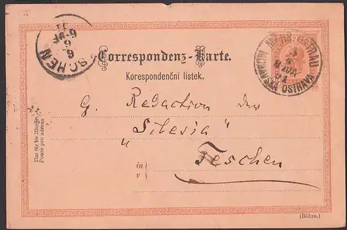 Mährisch Ostrau Ostrava 2 Kreuzer GA 1891 nach Teschen Český Těšín  Correspondenz-Karte listnica