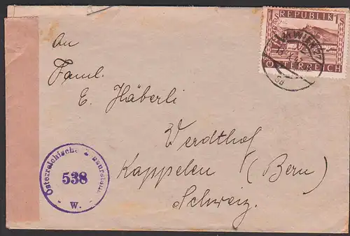 Österreichische  Zensurstelle Nr. 538 auf Auslandsbrief nach Keppeln (Schweiz) aus Wien 27, 13. X. 47
