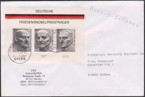 Friedensnobelpreisträger Germany BRD Bl. 11, Büchersendung portogenau, Carl von Ossietzky, Gustav Streesemann