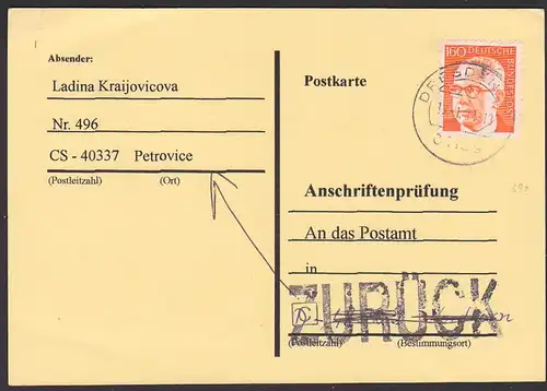 Heinemann Gustav 160 Pfg., Anschriftenprüfung Germany BRD 692 3. Bundespräsident, "zurück" an Auslandsadresse