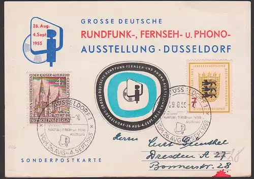 Germany Düsseldorf 1955 Anlasskarte Rundfunk- Fernseh- und Phono- Ausstellung, Frankatur Berliner SoMkn,  mit Vignette