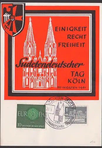 Germany Gedenkblatt "Sudetendeutscher Tag Köln Pfingsten 1961" SoSt. Köln-Deutz 20.5.61, Kölner Dom