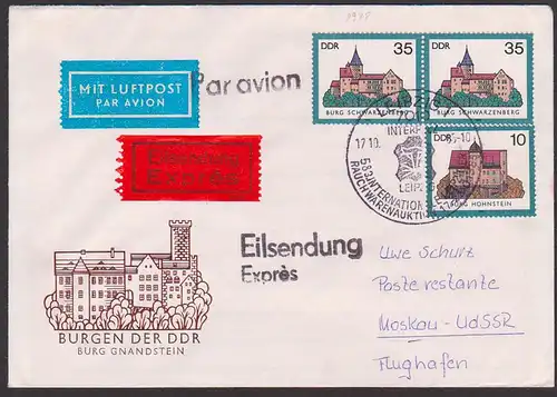 Germany Burgen in der DDR Eil-Bf par avion nach Moskau, SoSt. Leipzig Int. Rauchwarenauktion, Burg Hohnstein, Schwarzenb