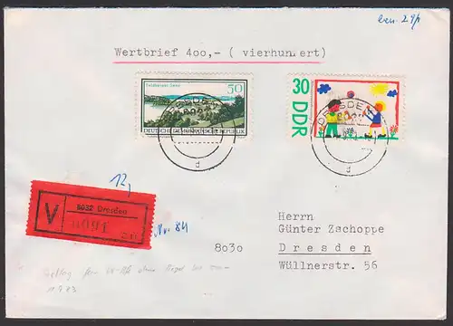 Dresden Wertbrief portogenau mit 50 und 30 Pf. , Erttagsverwendung f. V-Bf ohne Siegel 1.9.83, Feldberger See, Zeichnung