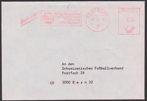 Stuttgart AFS Württembergischer Fußballverband Drucksache auf Auslandsbrief  nach Bern 1978