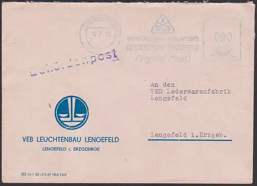 Lengefeld Erzgebirge AFS 16.7.58 Behördenpost VEB Leuchtenbau an Lederwarenfabrik