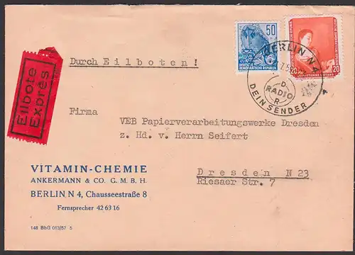 BERLIN SoSt. Radio DDR Dein Sender, Eil-Brief Vitamin-Chemnie, 17.7.59 mit 20 Pf. Gemälde und 50 Pf Hochseeschiff