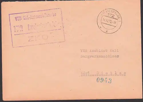 Ludwigsfelde ZKD Kastenstempel 14.12.70, VEB IFA Automobilwerke, Auto nach Dietlas Poststellenst. Bad Salzungen