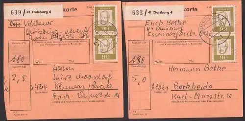 Franz Oppenheimer 90 Pf BRD 360 je im senkr. Paar,  Paketkarte Dusiburg 4, 4.6.66 nach der DDR, PLZ-Kennung "X"