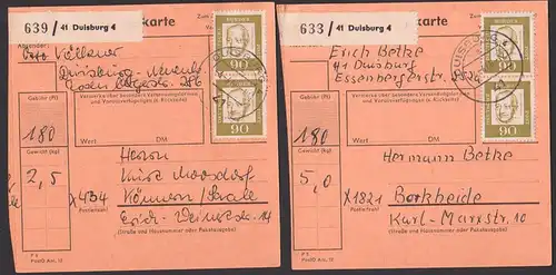 Franz Oppenheimer 90 Pf BRD 360 je im senkr. Paar,  Paketkarte Dusiburg 4, 4.6.66 nach der DDR, PLZ-Kennung "X"