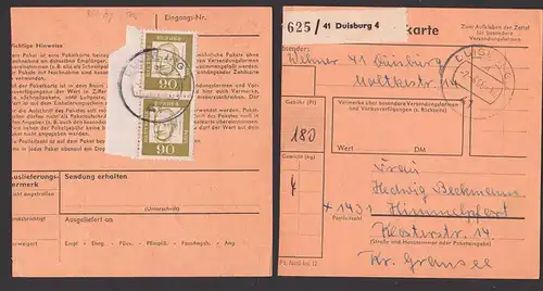 Franz Oppenheimer 90 Pf BRD 360 aus Bogen, Paketkarte Dusiburg 2, 4.6.66 nach der DDR, PLZ-Kennung "X", Himmelpfort