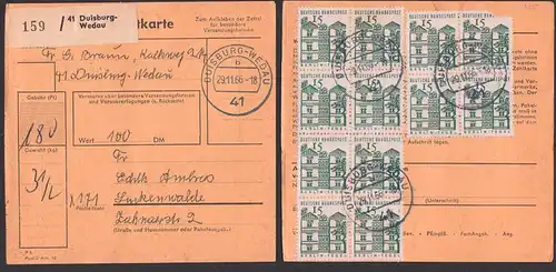 Berlin-Schloß Tegel 15 Pf BRD 455 in großer Einheit aus Bogen, Paketkarte Dusiburg-Wedau nach der DDR, PLZ mit "X"