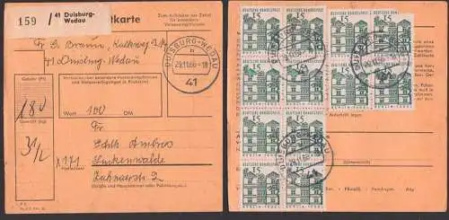 Berlin-Schloß Tegel 15 Pf BRD 455 in großer Einheit aus Bogen, Paketkarte Dusiburg-Wedau nach der DDR, PLZ mit "X"