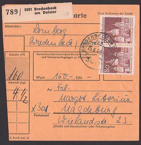 Ellinger Tor Weissenburg 80 Pf BRD 496 Paar, Paketkarte Bredenbeck am Deister nach der DDR, PLZ mit "X"