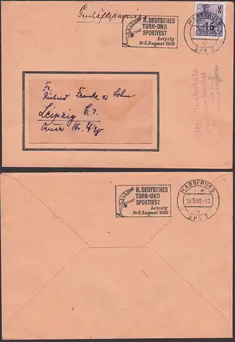 Magdeburg MWSt. "II. Turn- und Sportfest Leipzig 2.-5. August 1956" Geschäftspapiere, 15 auf 16 Pf. portogenau, Turner