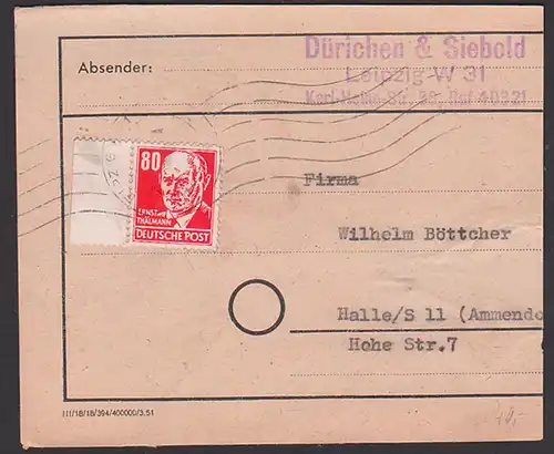 Ernst Thälmann 80 pf. rot DDR 340 Wz 2XI, Paketaddresse BPP geprüft aus Leipzig n. Halle, markanter roter Farbstreifen