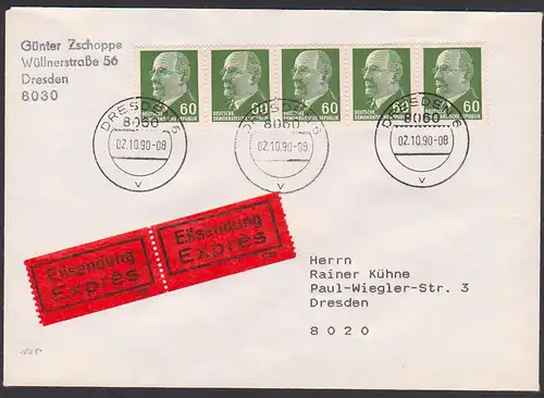 Walter Ulbricht 60 Pf. DDR 1080(5) portogenau Eil-Doppel-Brief 2.10.90, Spätverwendung, DDR-Letzttag