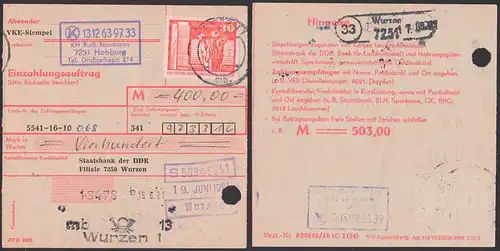 Hohburg PSSt. 33 Wurzen auf Einzahlungsauftrag 19.6.81 mit 30 Pf. Freimarke Halle DDR 1899 - postinterna Aktenlochung
