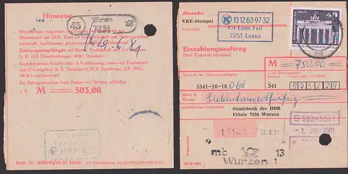 Lossa PSSt. 43 Wurzen auf Einzahlungsauftrag 1.7.81 mit 40 Pf. Brandenburger Tor DDR 1879 - postinterna Aktenlochung