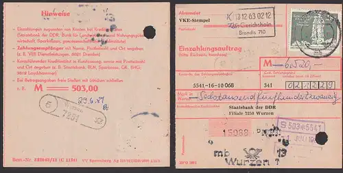 Gerichshain PSSt. 5 Wurzen, Einzahlungsauftrag 1.7.81 mit 100 Pf. Treptow Ehrenmal DDR 1882 - postinterna Aktenlochung
