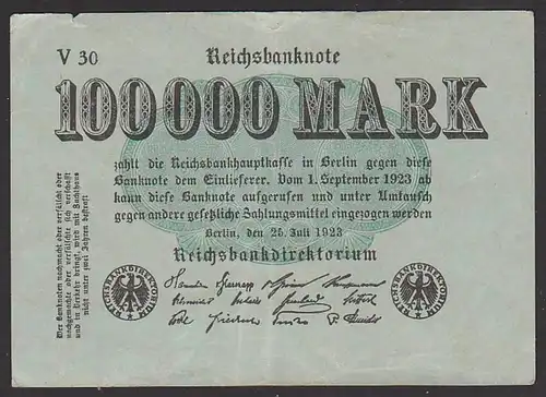 Reichsbanknote 100.000 Mark vom 25.7. 1923 Serie V, Inflation