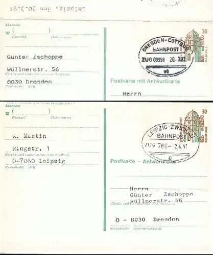 BRD P 148 GA kpl. mit je Bahnpoststempel Dresden-Cottbus u. Leipzig - Zwickau, Doppelkarte