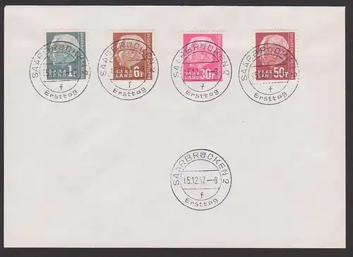 Saarland FDC Theodor Heuss 4 Werte auf Brief, dabei 50 Fr MiNr. 422