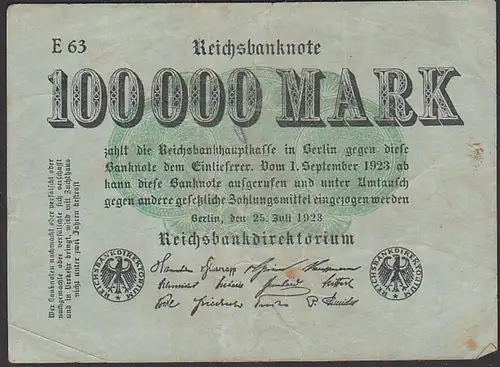 Reichsbanknote 100.000 Mark vom 25.7. 1923 Serie E, Inflation