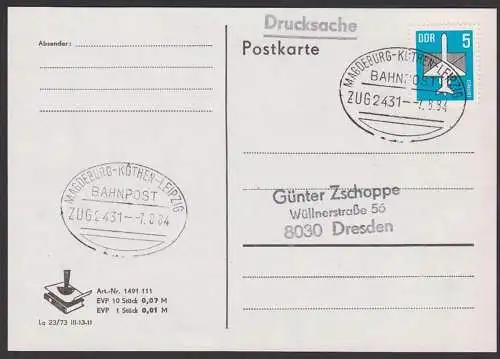 railway Bahnpost MAGDEBURG - KÖTHEN - LEIPZIG - Zug 2431 7.8.84 Karte