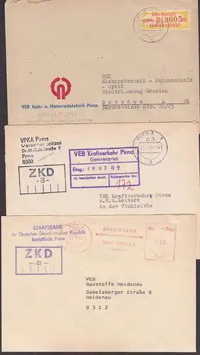 PIRNA 3 ZKD-Briefe, AFS Staatsbank 23.11.89, VPKA Pirna Verkehrspolizei 27.7.89, Auto- u. Motorradelektrik B17M