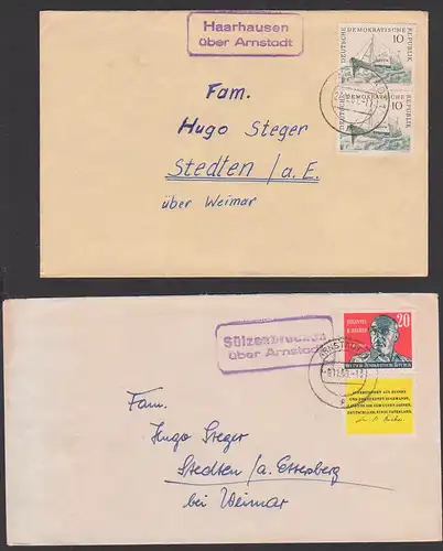 Haarhausen bzw. Sülzenbrücken über Arnstdt Poststellenstempel 2 Fernbriefe Johannes R. Becher mit Zierfeld