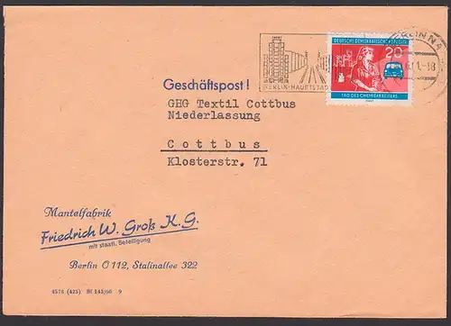 Berlin MWSt "BERLIN - Hauptstadt der DDR" Abb. Stalinallee  Fernbrief 20 Pfg. DDR Tag des Chmiearbeiters