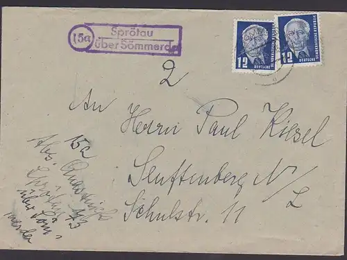 Sprödau üb. Sömmerda Poststellenstempel 15a nach Senftenberg, DDR 12 Pfg. Wilhelm Pieck MeF