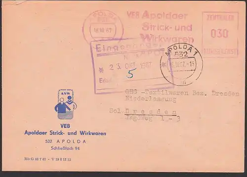ZKD-Brief  AFS =030= VEB Apoldaer Strick- u. Wirkwaren Leichtindustrie 1967, Zentraler Kurierdienst