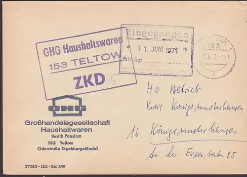 TELTOW  ZKD-Brief 1971 Grosshandel Haushaltwaren