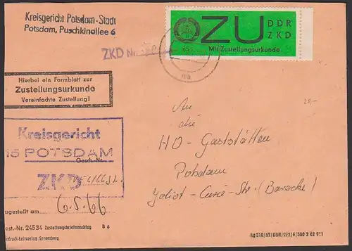 ZKD E2x Randstück Zustellungsurkunde Kreisgericht Potsdam Orts-Bf, Brief llinks beschnitten