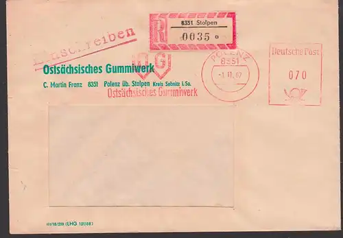 Stolpen Sachsen R-Brief mit AFS Ostsächsisches Gummiwerk 1.11.67