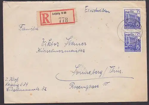 Leipzig R-Bf 35 Pf(2) 5-Jahrplan, Berlin Deutsche Sporthalle (MiNr.417) DDR 1956