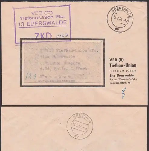 Eberswalde 1965, VEB(B) Tiefbau-Union Ffo. ZKD-Brief 1965