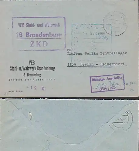 Brandenburg Stahl- Walzwerk 'Richtige Anschrift 1519/Pkw Pankow' - Kontrolle ZKD Kastenstempel